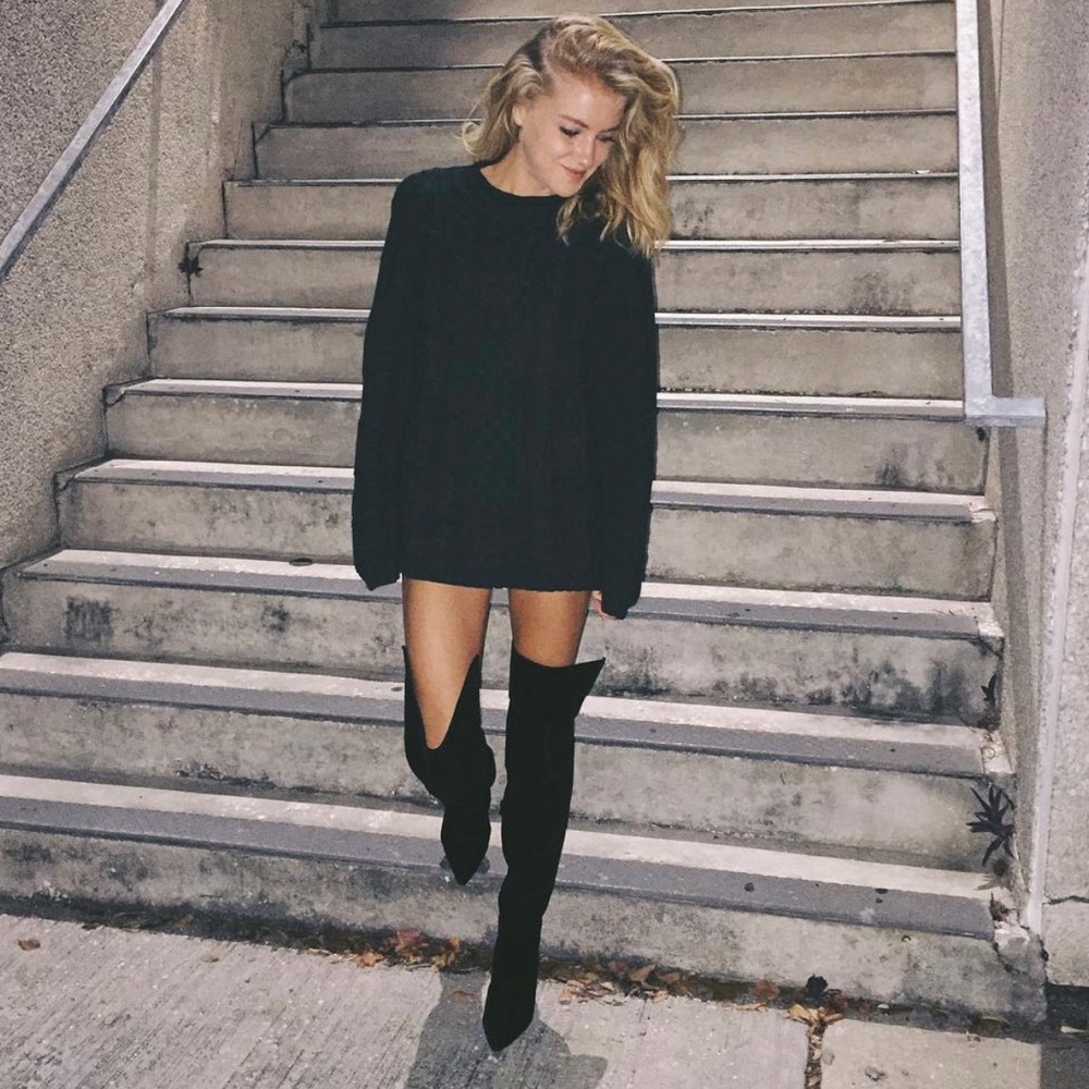 AGACI Thigh High Black Velvet Pointed Toe Boots
